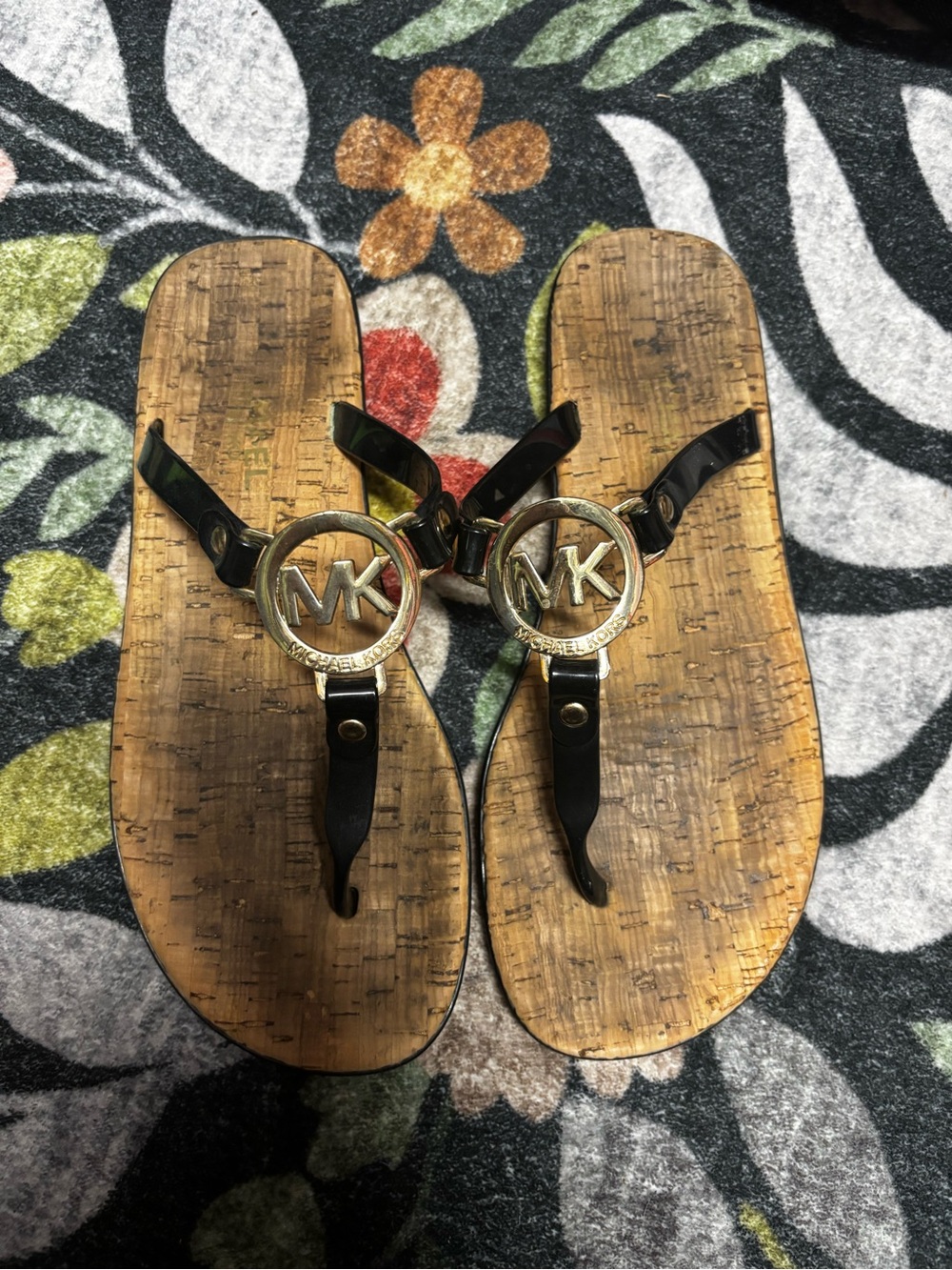 Michael Kors Black and Gold Cork-Style Thong Sandals